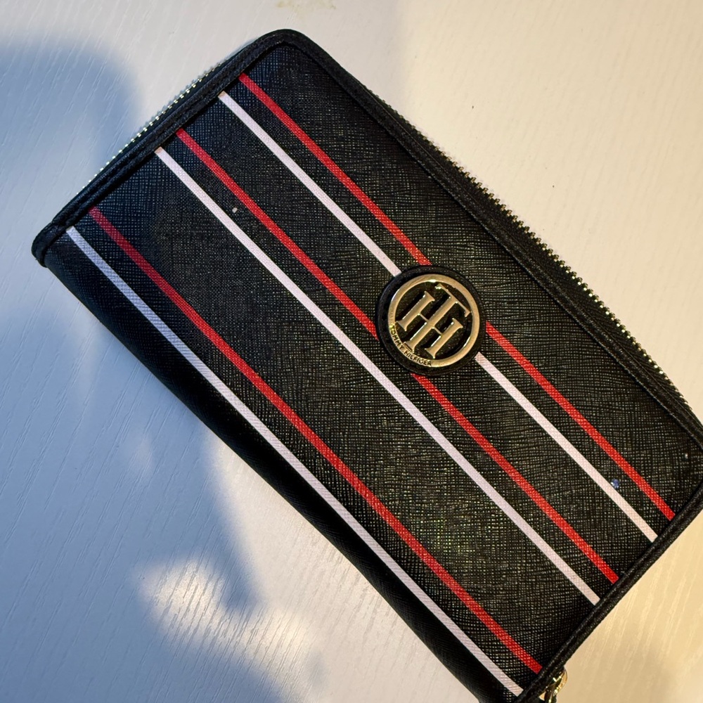 Tommy Hilfiger Black Wallet with Red and White Stripes